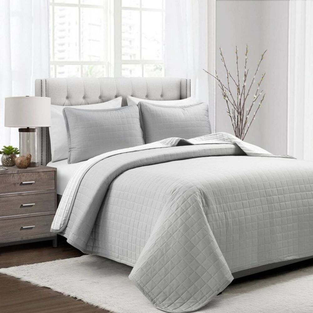 Lush Decor - Lush Décor 3pc King Farmhouse Box Stitch And Strip Gray